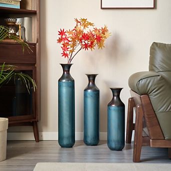 Torch-Fired Metal Vases Set of 3 - Blue Burnt Finish, 28.34/24.4/20.4", Farmhouse