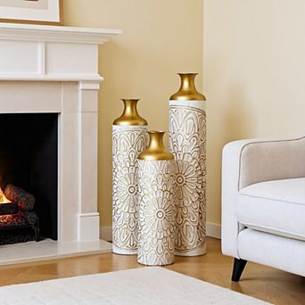 Modern Droplet Shape White Metal Floor Vase 3 pc Set - Glazed Finish for Home Decoration