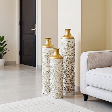 Modern Droplet Shape White Metal Floor Vase 3-Piece Set - Glazed Finish for Home Decoration