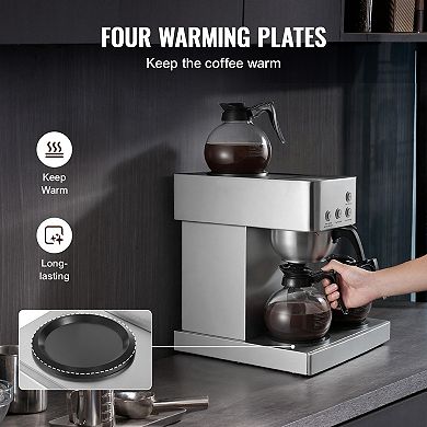 Commercial Drip Coffee Maker, 12 Cups, 4 Carafes & Warmers, Stainless Steel for Office/Restaurant