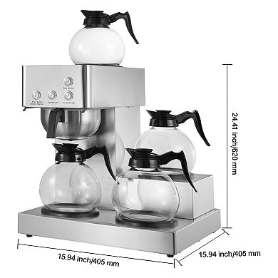 Commercial Drip Coffee Maker, 12 Cups, 4 Carafes & Warmers, Stainless Steel for Office/Restaurant