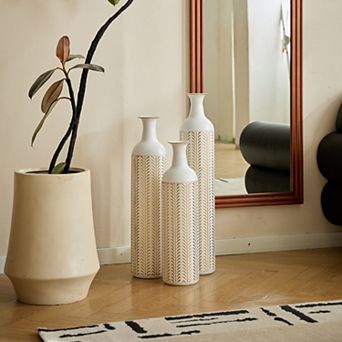 Modern White Metal Floor Vase 3 pc Set - Glazed Finish for Home Decoration, Large Sizes