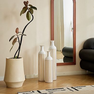 Modern White Metal Floor Vase 3-Piece Set - Glazed Finish for Home Decoration, Large Sizes
