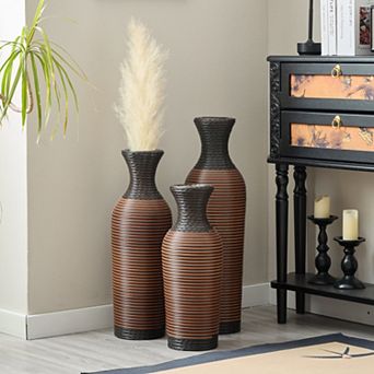 Hand-Woven PVC Rattan Vases Set of 3 - Brown, 27.56/23.62/19.69", Farmhouse