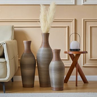 Hand-Woven PVC Rattan Vases Set of 3 - Brown Floor Vases, 28.35/24.41/20.47 in for Farmhouse Decor