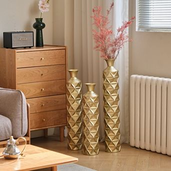 Metal Decorative Vase Set of 3 - High Distress Finish with 3D Triangle Pattern,33.5"/29.5"/25.2"H