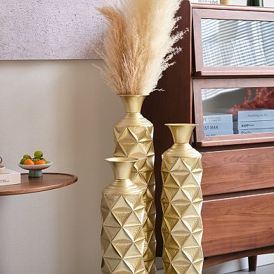 Metal Decorative Vase Set of 3 - High Distress Finish with 3D Triangle Pattern,33.5"/29.5"/25.2"H