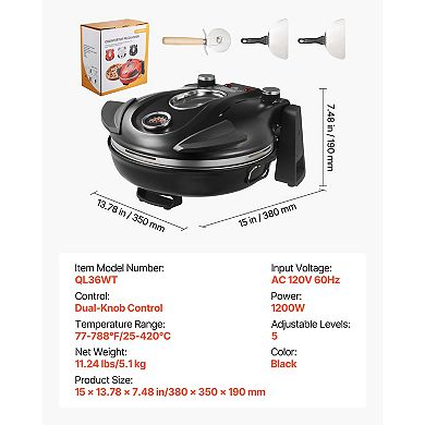 12" Electric Pizza Oven, 1200W, Cordierite Stone, 5-Mode 788°F, Viewing Window for Home