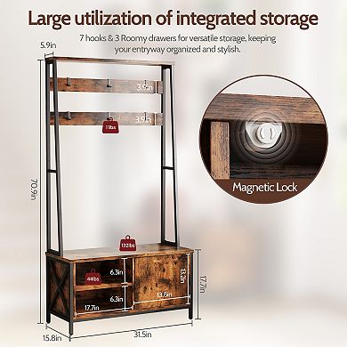 Hall Tree w/ Bench & Shoe Storage, Industrial, Wood Look, 6 Hooks, 31.5"Wx15.8"Dx71"H