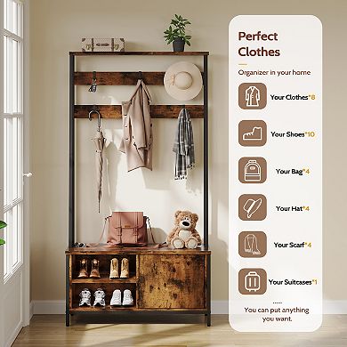 Hall Tree w/ Bench & Shoe Storage, Industrial, Wood Look, 6 Hooks, 31.5"Wx15.8"Dx71"H