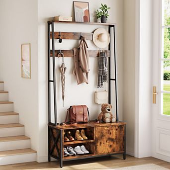 Hall Tree w/ Bench & Shoe Storage, Industrial, Wood Look, 6 Hooks, 31.5"Wx15.8"Dx71"H