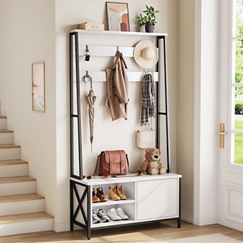 Hall Tree w/ Bench & Shoe Storage, Industrial, Wood Look, 6 Hooks, 31.5"Wx15.8"Dx71"H
