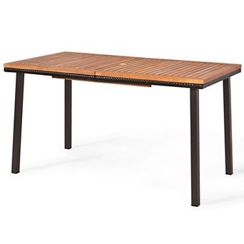 55 Inch Patio Dining Table with Umbrella Hole Acacia Wood Outdoor Table