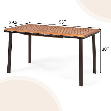 55 Inch Patio Dining Table with Umbrella Hole Acacia Wood Outdoor Table