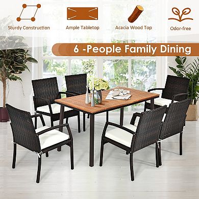 55 Inch Patio Dining Table with Umbrella Hole Acacia Wood Outdoor Table