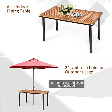 55 Inch Patio Dining Table with Umbrella Hole Acacia Wood Outdoor Table