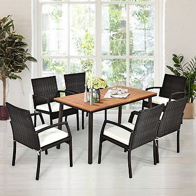 55 Inch Patio Dining Table with Umbrella Hole Acacia Wood Outdoor Table
