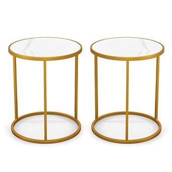 Round Side Table Set of 2 with Marble Top and Metal Frame