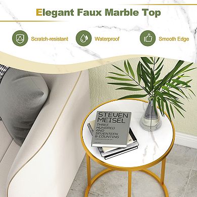 Round Side Table Set of 2 with Marble Top and Metal Frame