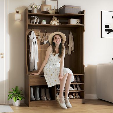 5-in-1 Hall Tree w/ Bench & Shoe Storage, 3-Layer Cabinet, 7 Hooks, Drawer, 42.9"Wx15.94"Dx70.86"H