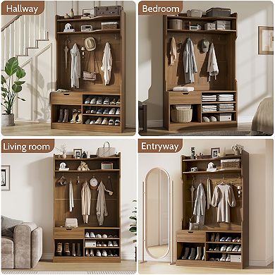 5-in-1 Hall Tree w/ Bench & Shoe Storage, 3-Layer Cabinet, 7 Hooks, Drawer, 42.9"Wx15.94"Dx70.86"H