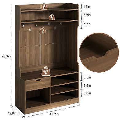 5-in-1 Hall Tree w/ Bench & Shoe Storage, 3-Layer Cabinet, 7 Hooks, Drawer, 42.9"Wx15.94"Dx70.86"H