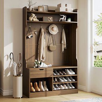 5-in-1 Hall Tree w/ Bench & Shoe Storage, 3-Layer Cabinet, 7 Hooks, Drawer, 42.9"Wx15.94"Dx70.86"H