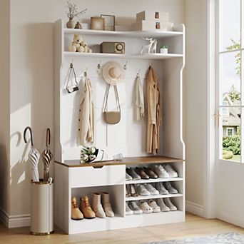5-in-1 Hall Tree w/ Bench & Shoe Storage, 3-Layer Cabinet, 7 Hooks, Drawer, 42.9"Wx15.94"Dx70.86"H
