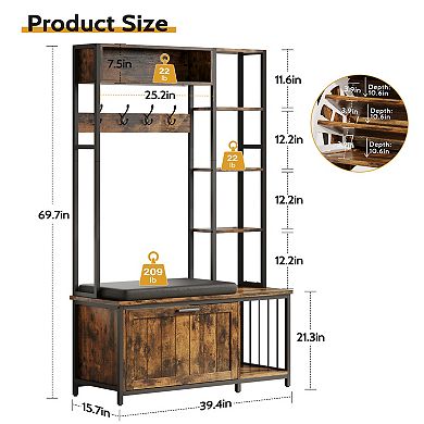 Hall Tree Coat Rack w/ Bench & Shoe Storage, Mud Room Storage, 39.37x15.74x69.69"