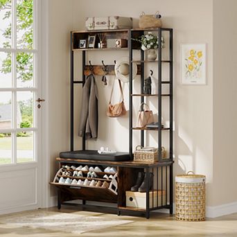 Hall Tree Coat Rack w/ Bench & Shoe Storage, Mud Room Storage, 39.37x15.74x69.69"