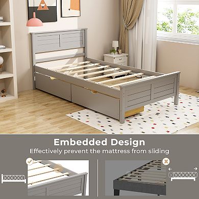 Twin Bed Frame with Storage Drawers Wood Platform Bed