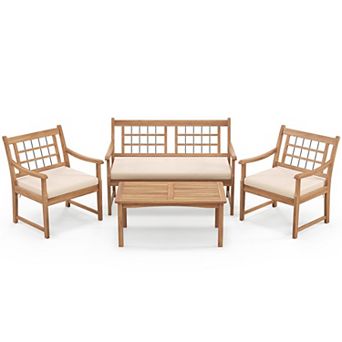 4 pc Acacia Wood Patio Furniture Set with Cushioned Seats and Coffee Table