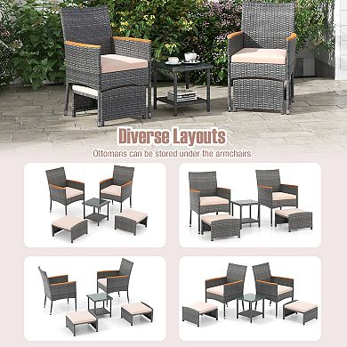 5 Piece Patio Conversation Set with Cushions and Storage Ottomans
