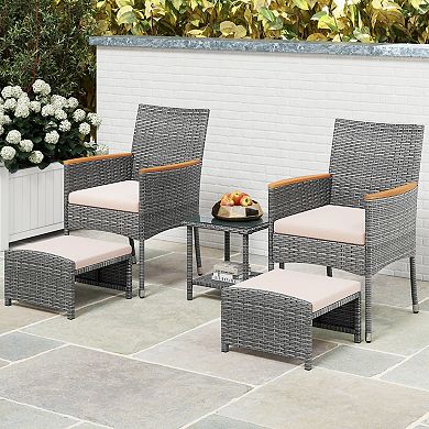5 Piece Patio Conversation Set with Cushions and Storage Ottomans