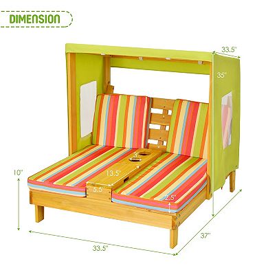 Kids Double Patio Lounge Chair with Awning and Cup Holders