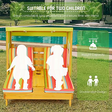Kids Double Patio Lounge Chair with Awning and Cup Holders