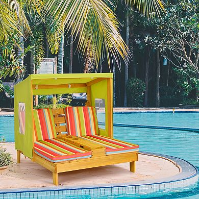 Kids Double Patio Lounge Chair with Awning and Cup Holders
