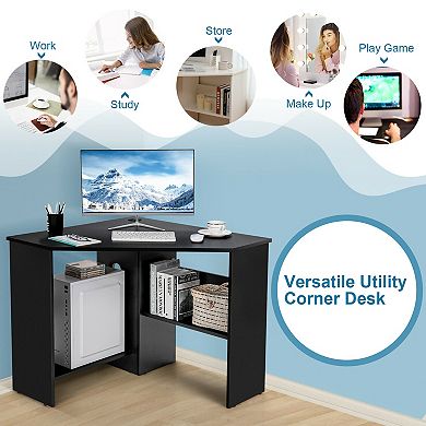 Corner Computer Desk Triangle Writing Workstation with Storage Shelf