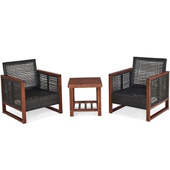 Patio Wicker Furniture Set with Acacia Wood Coffee Table and Cushions