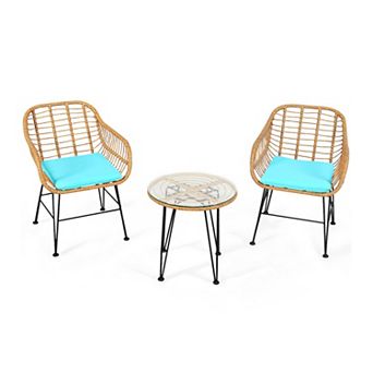 3 pc Patio Furniture Set with Cushioned Chairs and Glass Table