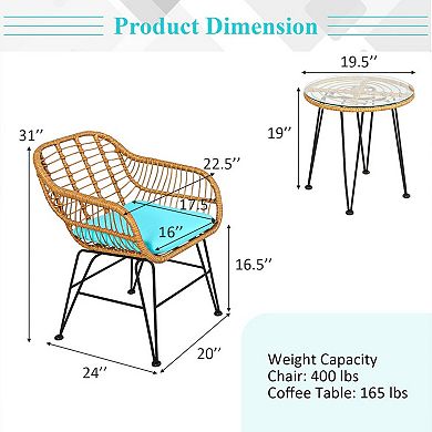 3 Piece Patio Furniture Set with Cushioned Chairs and Glass Table