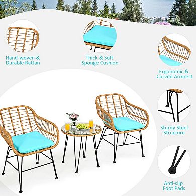 3 Piece Patio Furniture Set with Cushioned Chairs and Glass Table