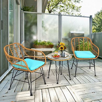 3 Piece Patio Furniture Set with Cushioned Chairs and Glass Table