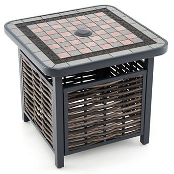 Outdoor Rattan Side Table with Umbrella Hole Square Patio End Table
