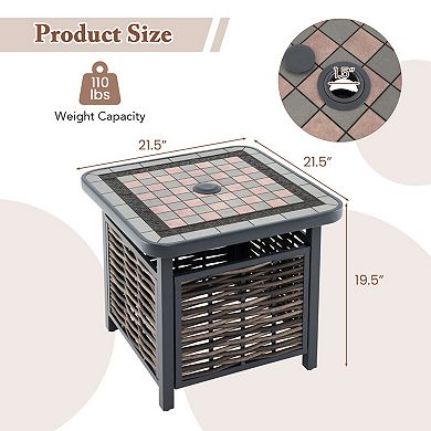 Outdoor Rattan Side Table with Umbrella Hole Square Patio End Table