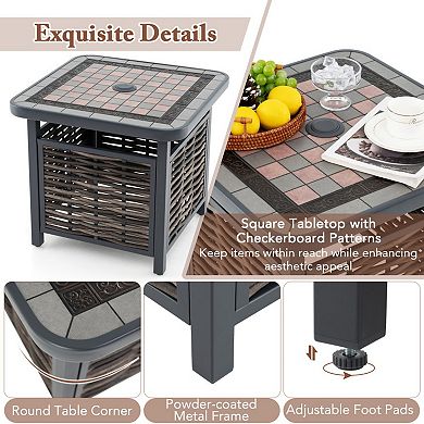 Outdoor Rattan Side Table with Umbrella Hole Square Patio End Table