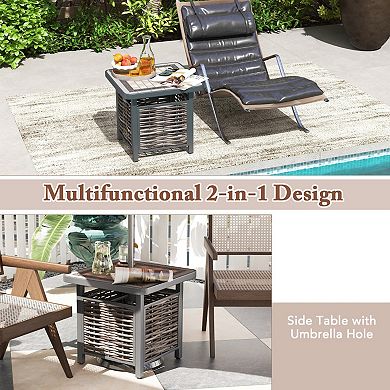 Outdoor Rattan Side Table with Umbrella Hole Square Patio End Table