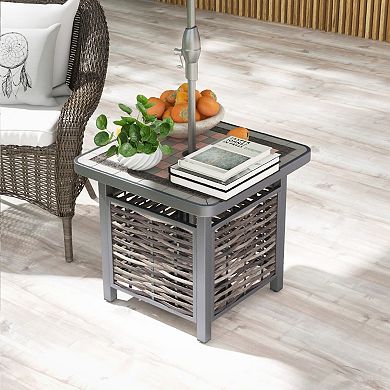 Outdoor Rattan Side Table with Umbrella Hole Square Patio End Table