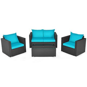 4 pc Patio Furniture Set with Cushions and Glass Coffee Table