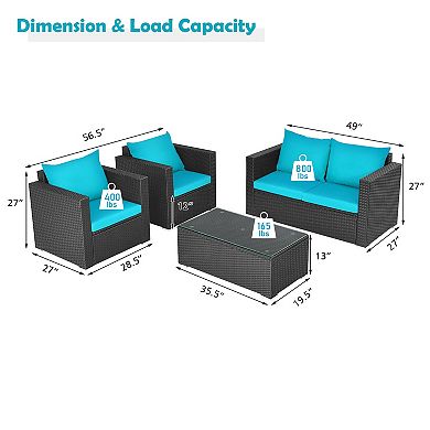 4 Piece Patio Furniture Set with Cushions and Glass Coffee Table